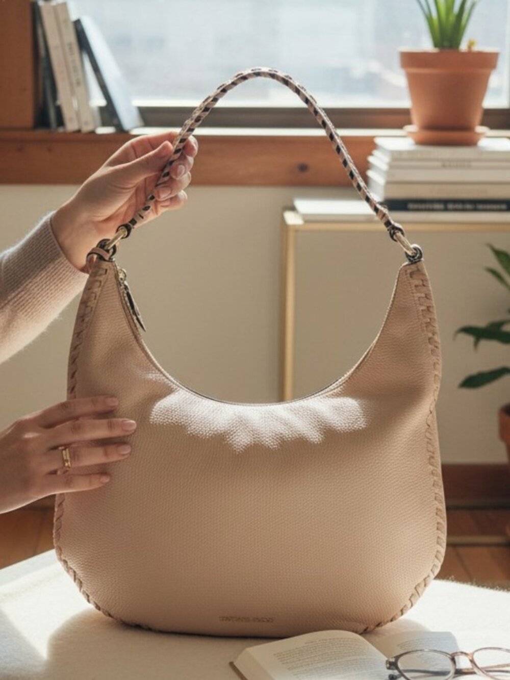 Michael Kors Lauryn Large Blush Beige Whipstitch Leather Shoulder Bag